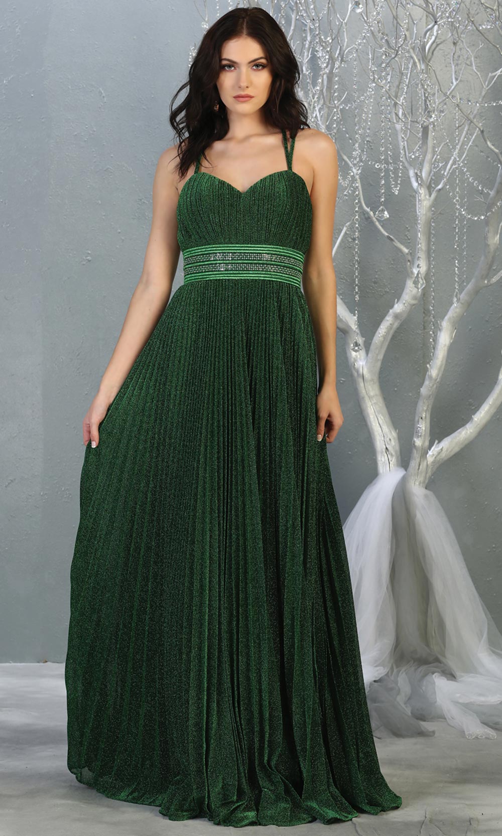 Mayqueen RQ7869 long hunter green metallic scoop neck evening gown w/straps & crinkle skirt. Full length flowy gown is perfect for  enagagement/e-shoot dress, formal wedding guest, evening party dress, prom, bridesmaids, black tie. Plus sizes avail.jpg