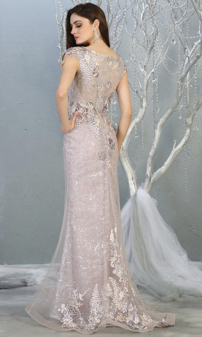 Mayqueen RQ7870 long mauve lace v neck evening mermaid gown w/wide straps. Full length fitted dress is perfect for  enagagement/e-shoot dress, formal wedding guest, modest evening party dress, prom, mother of bride, black tie, gala. Plus sizes avail-b.jpg