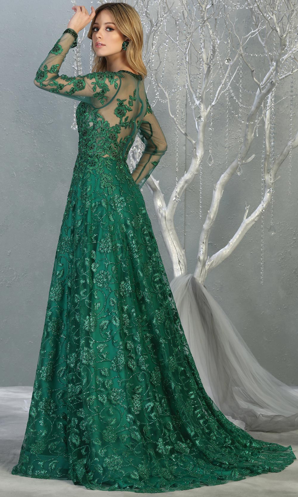 Mayqueen RQ7875 long hunter green modest evening dress w/long sleeves. Full length dark green flowy gown is perfect for  enagagement/e-shoot dress, mother of bride, muslim evening party dress, prom, indowestern, wedding reception. Plus sizes avail-b.jpg
