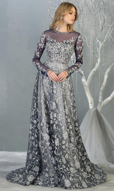 Mayqueen RQ7875 long navy silver modest evening dress w/long sleeves. Full length navy grey flowy gown is perfect for  enagagement/e-shoot dress, mother of bride, muslim evening party dress, prom, indowestern, wedding reception. Plus sizes avail-2.jpg