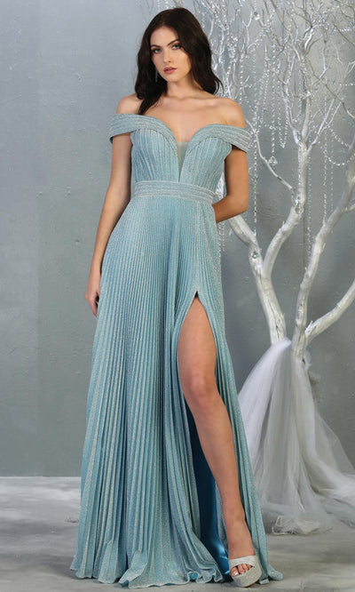 Mayqueen RQ7876 long dusty blue metallic off shoulder evening gown w/crinkle skirt. Full length flowy dress is perfect for  enagagement/e-shoot dress, formal wedding guest, evening party dress, prom, bridesmaids, black tie, gala. Plus sizes avail.jpg