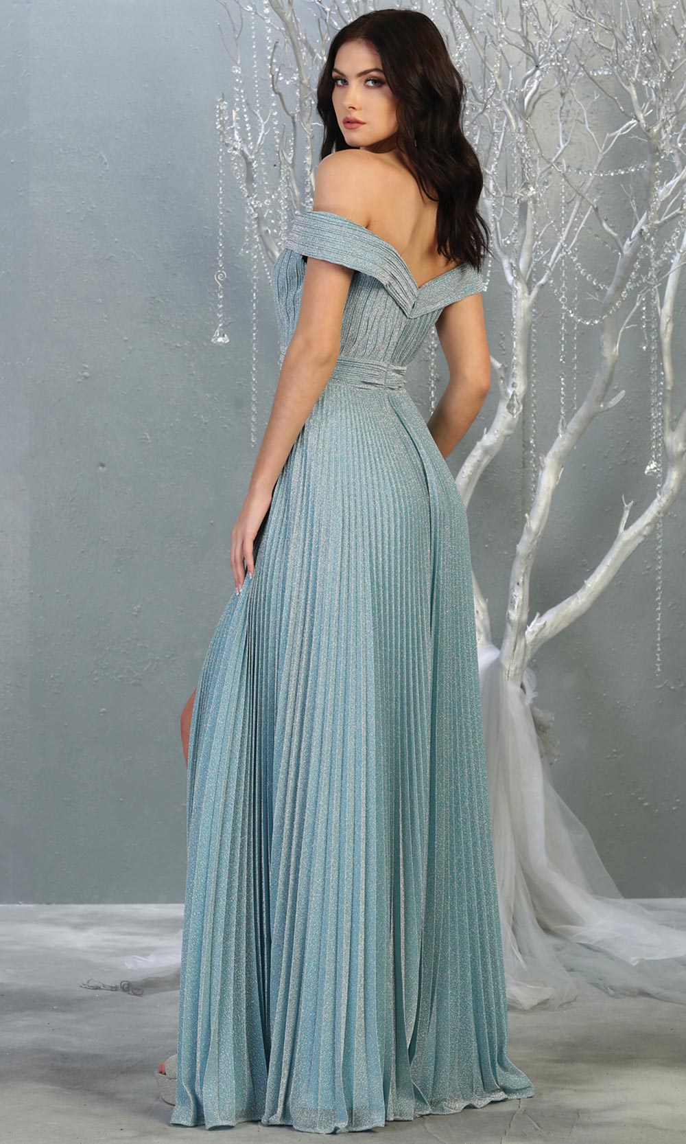 Mayqueen RQ7876 long dusty blue metallic off shoulder evening gown w/crinkle skirt. Full length flowy dress is perfect for  enagagement/e-shoot dress, formal wedding guest, evening party dress, prom, bridesmaids, black tie, gala. Plus sizes avail-b.jpg