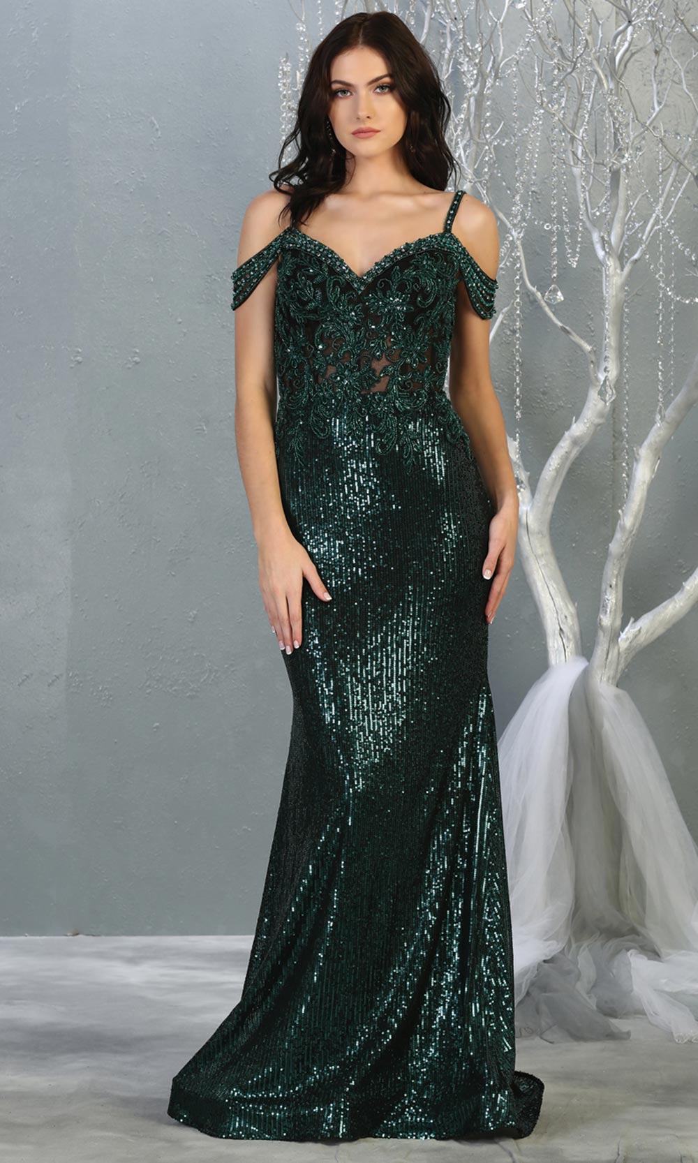 Mayqueen RQ7877 long hunter green sequin off shoulder evening mermaid dress. Full length sleek & sexy fitted dress is perfect for  enagagement/e-shoot dress, formal wedding guest, evening party dress, prom, black tie, gala. Plus sizes avail.jpg