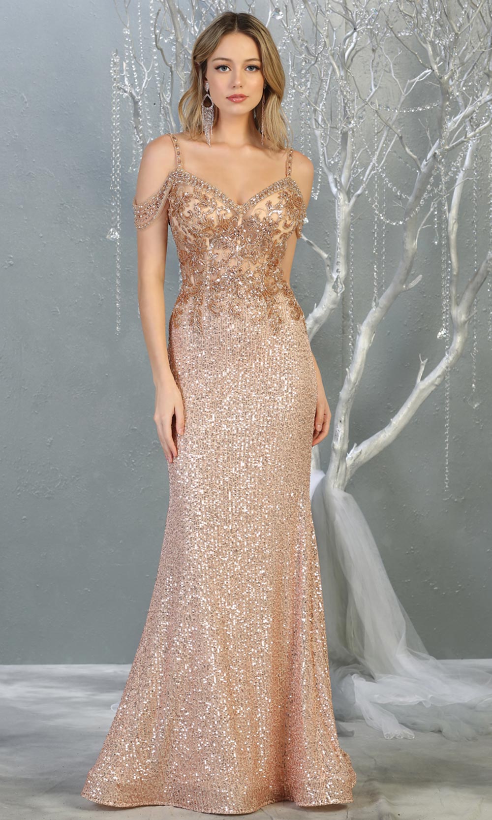Mayqueen RQ7877 long rose gold sequin off shoulder evening mermaid dress. Full length sleek & sexy fitted dress is perfect for  enagagement/e-shoot dress, formal wedding guest, evening party dress, prom, black tie, gala. Plus sizes avail.jpg