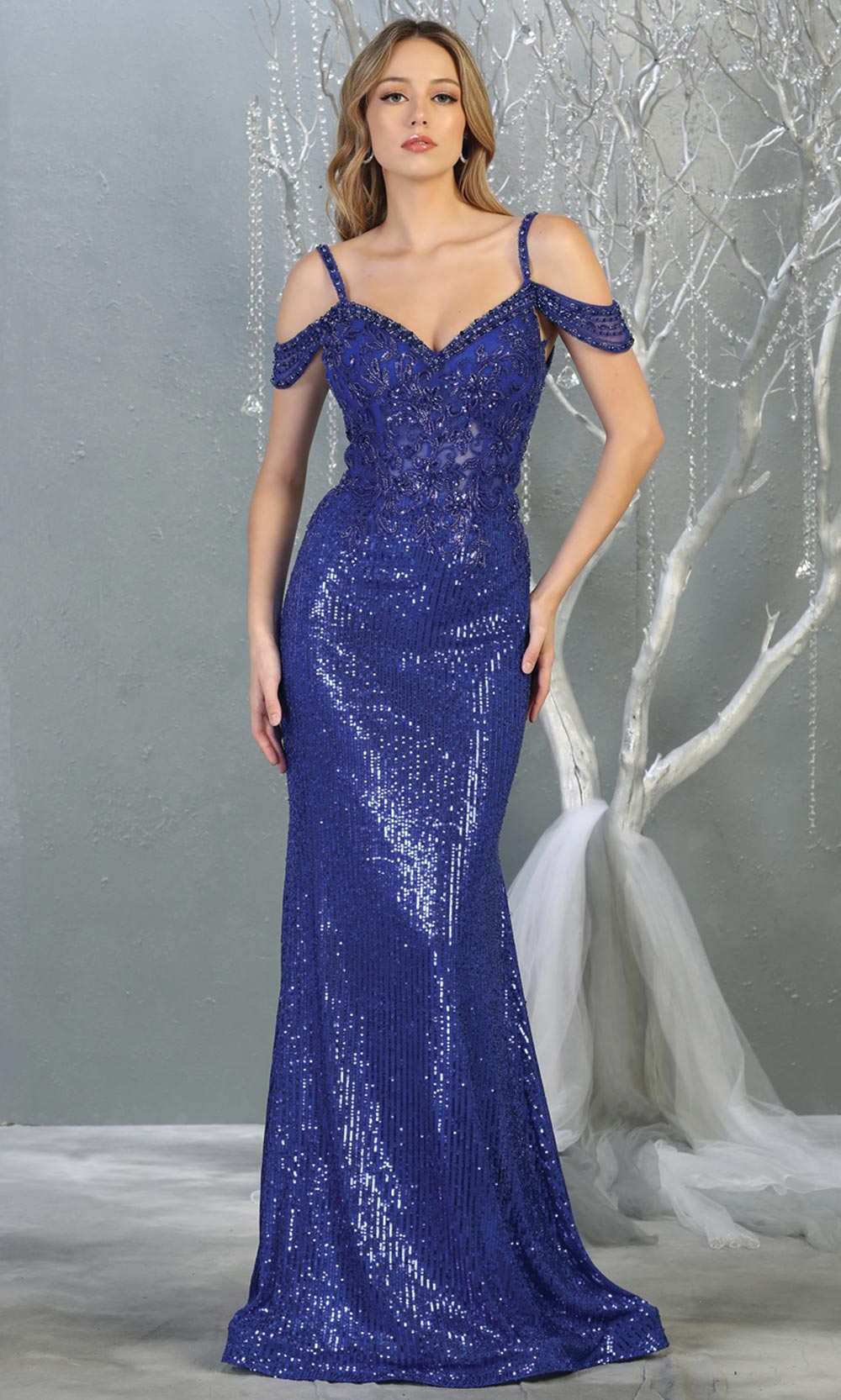 Mayqueen RQ7877 long royal blue sequin off shoulder evening mermaid dress. Full length sleek & sexy fitted dress is perfect for  enagagement/e-shoot dress, formal wedding guest, evening party dress, prom, black tie, gala. Plus sizes avail.jpg