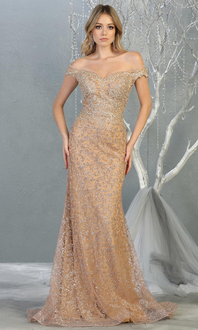 Mayqueen RQ7879 long champagne sequin off shoulder evening mermaid dress. Full length sleek & sexy fitted dress is perfect for  enagagement/e-shoot dress, formal wedding guest, evening party dress, prom, black tie, gala, indowestern. Plus sizes avail.jpg