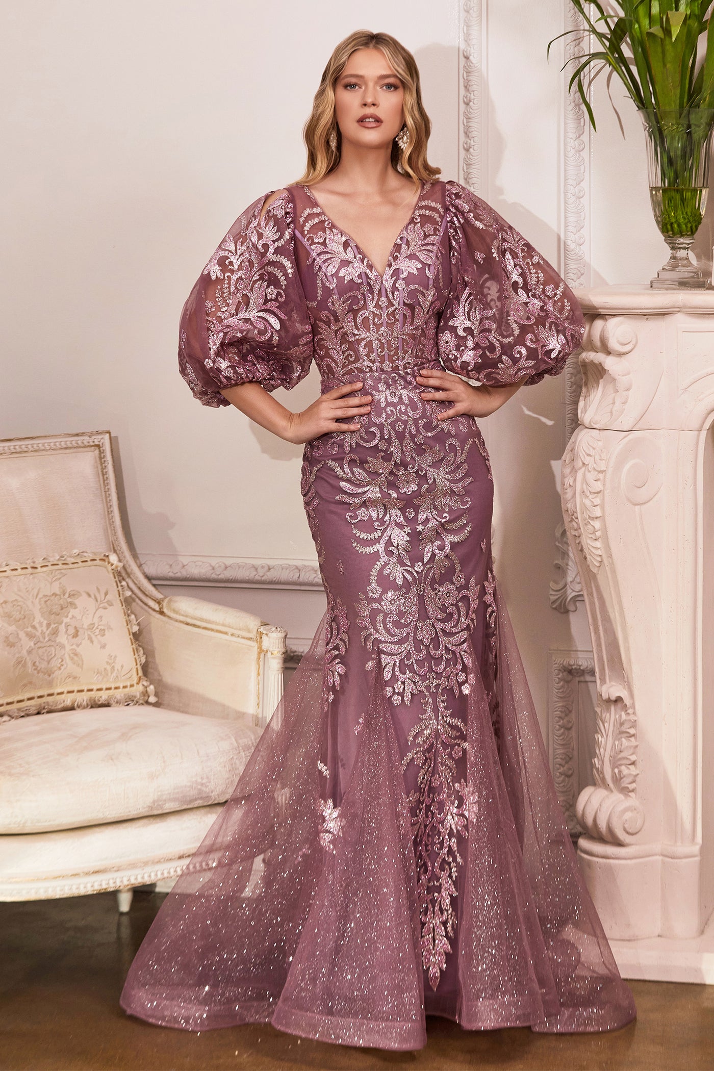 Cinderella Divine - OC009 Voluminous Sleeves Trumpet Gown In Purple