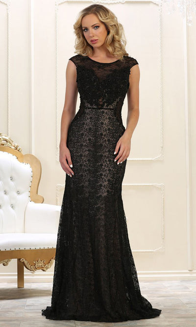 May Queen - RQ7628 Cap Sleeve Laced Sheath Dress In Black