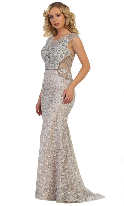 May Queen - RQ7628 Cap Sleeve Laced Sheath Dress In Silver
