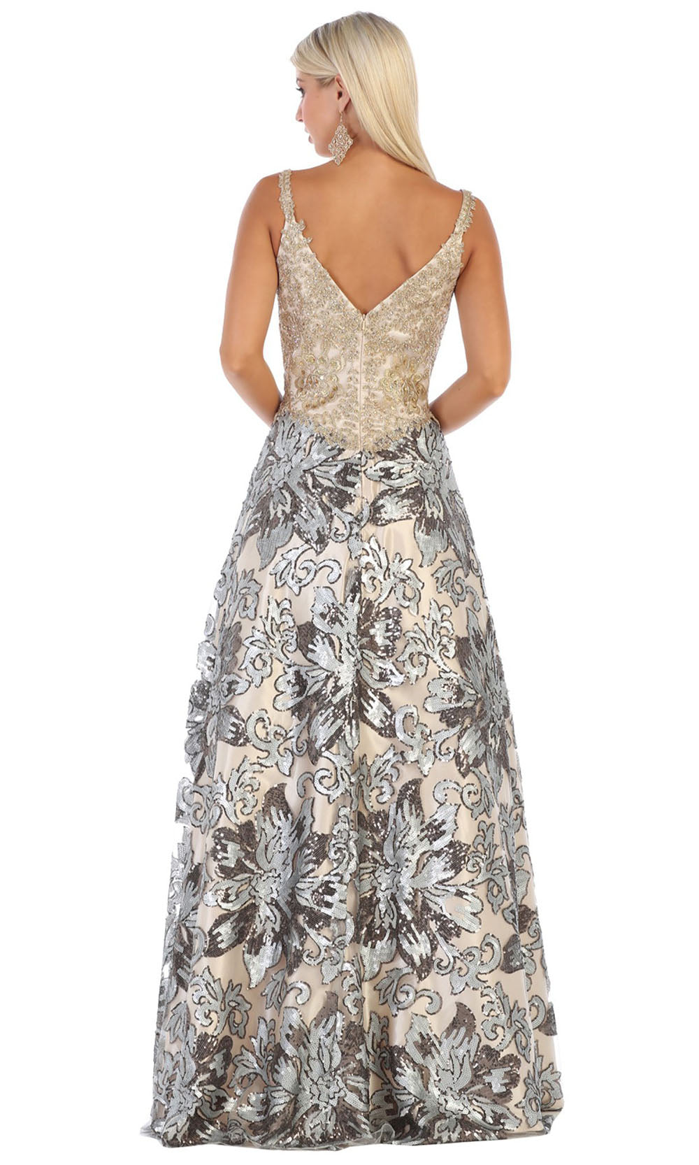 May Queen - RQ7655 V Neck Sequined Gown In Silver and Gold