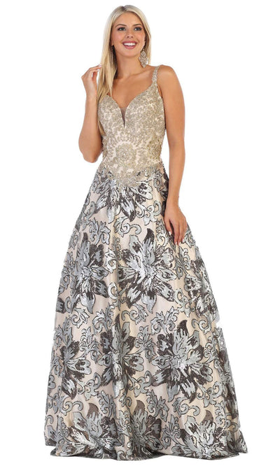 May Queen - RQ7655 V Neck Sequined Gown In Silver and Gold