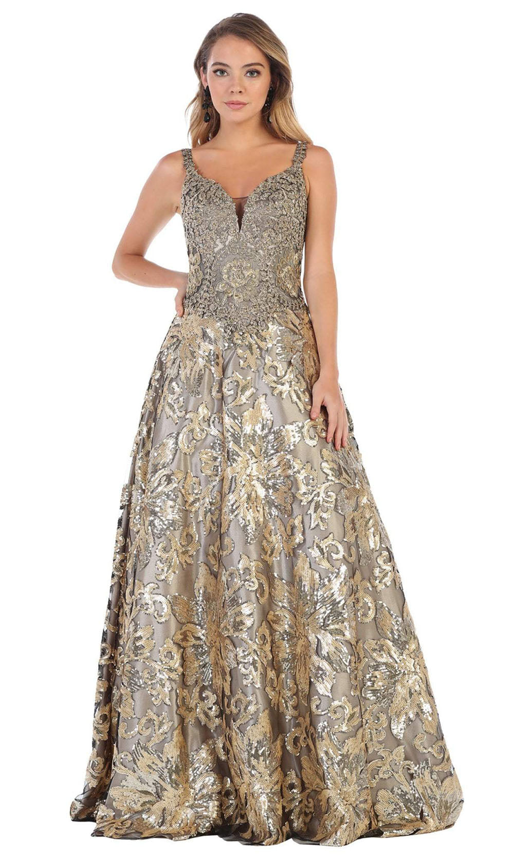 May Queen - RQ7655 V Neck Sequined Gown In Black and Gold