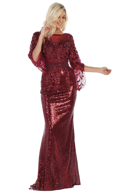 May Queen - RQ7679 Embellished Bateau Sheath Gown In Red