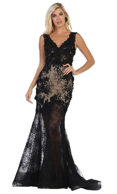 May Queen - RQ7687 V Neck Laced Trumpet Dress In Black