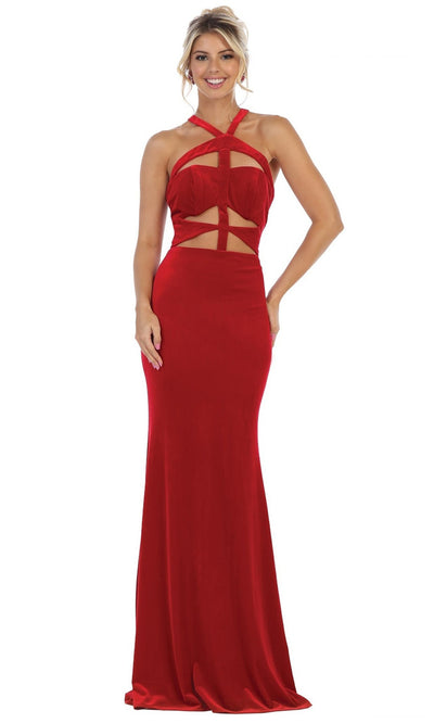 May Queen - RQ7693 Halter Fitted Velvet Dress In Red