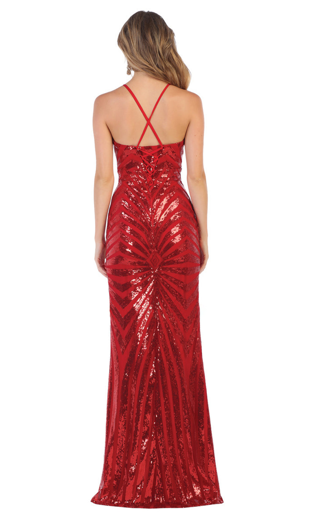 May Queen - RQ7695 Embellished V Neck Sheath Dress In Red