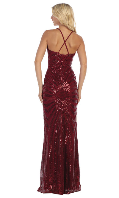 May Queen - RQ7695 Embellished V Neck Sheath Dress In Red