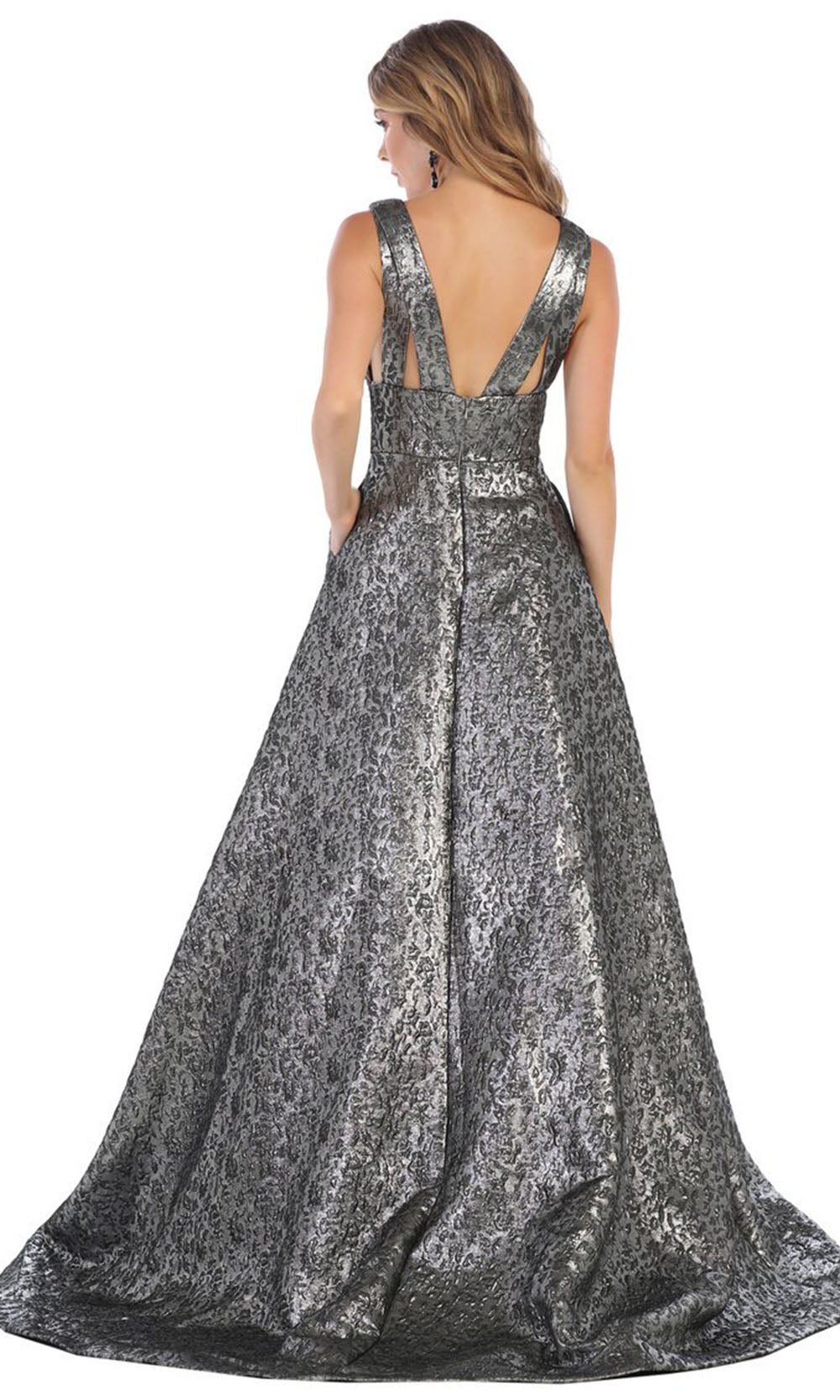 May Queen - RQ7701 Embossed Print Long Gown In Silver