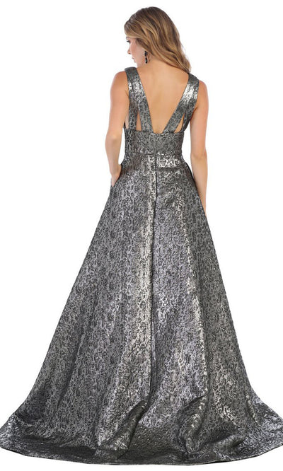 May Queen - RQ7701 Embossed Print Long Gown In Silver