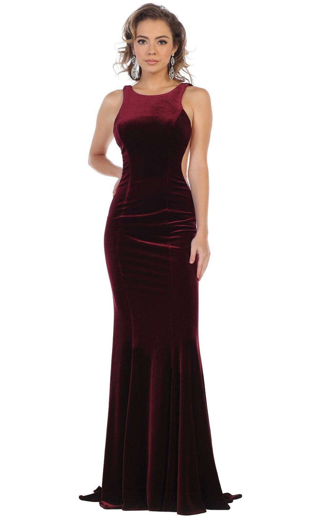 May Queen - RQ7709 Bateau Fitted Velvet Gown In Red and Black