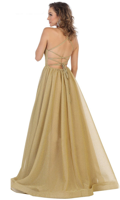 May Queen - RQ7724 Scoop Glittered A-Line Gown In Gold
