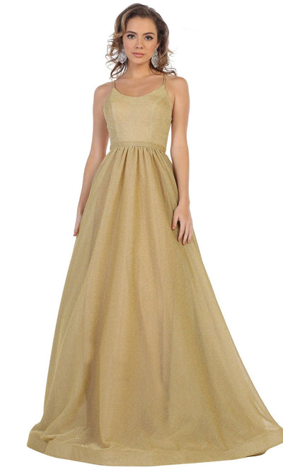May Queen - RQ7724 Scoop Glittered A-Line Gown In Gold