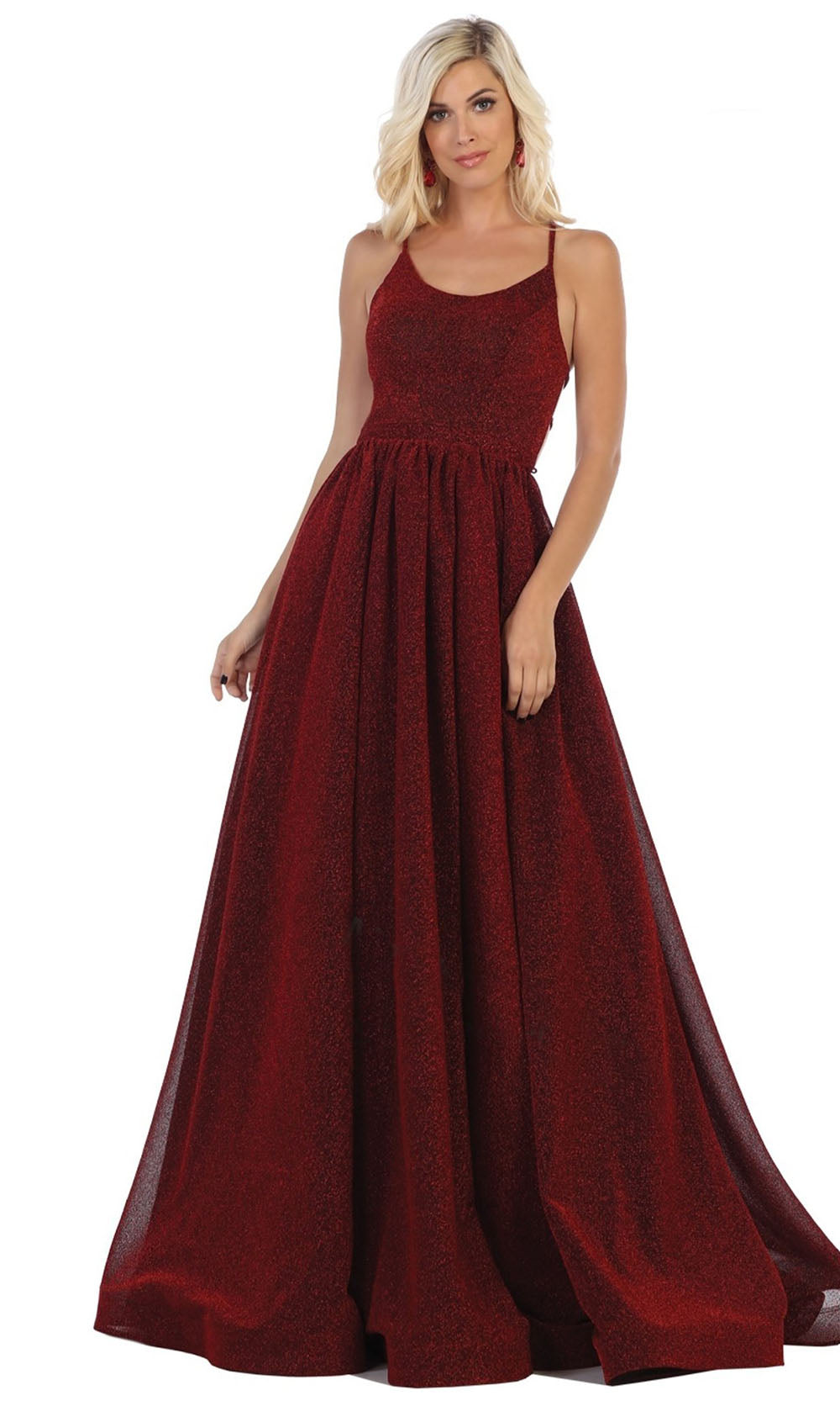 May Queen - RQ7724 Scoop Glittered A-Line Gown In Red and Black