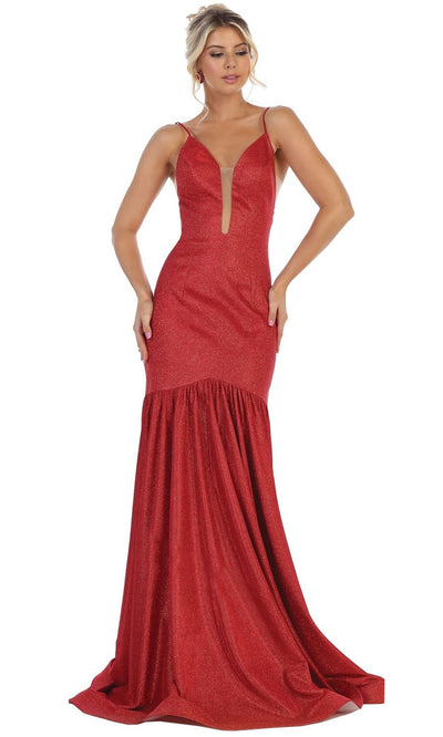 May Queen - RQ7725 Glitter V Neck Fitted Evening Gown In Red