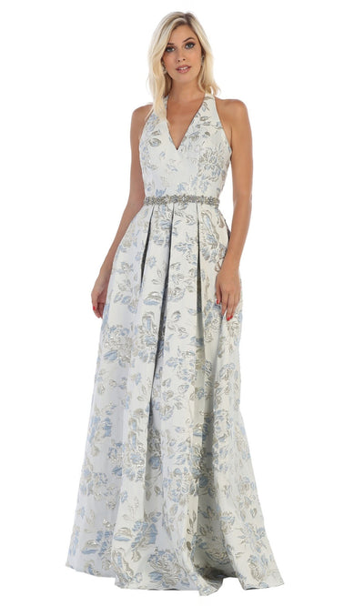 May Queen - RQ7731 Open Back Floral Gown In Blue