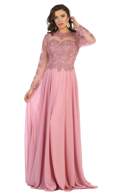 May Queen - RQ7732 Embroidered Chiffon Long Gown In Pink