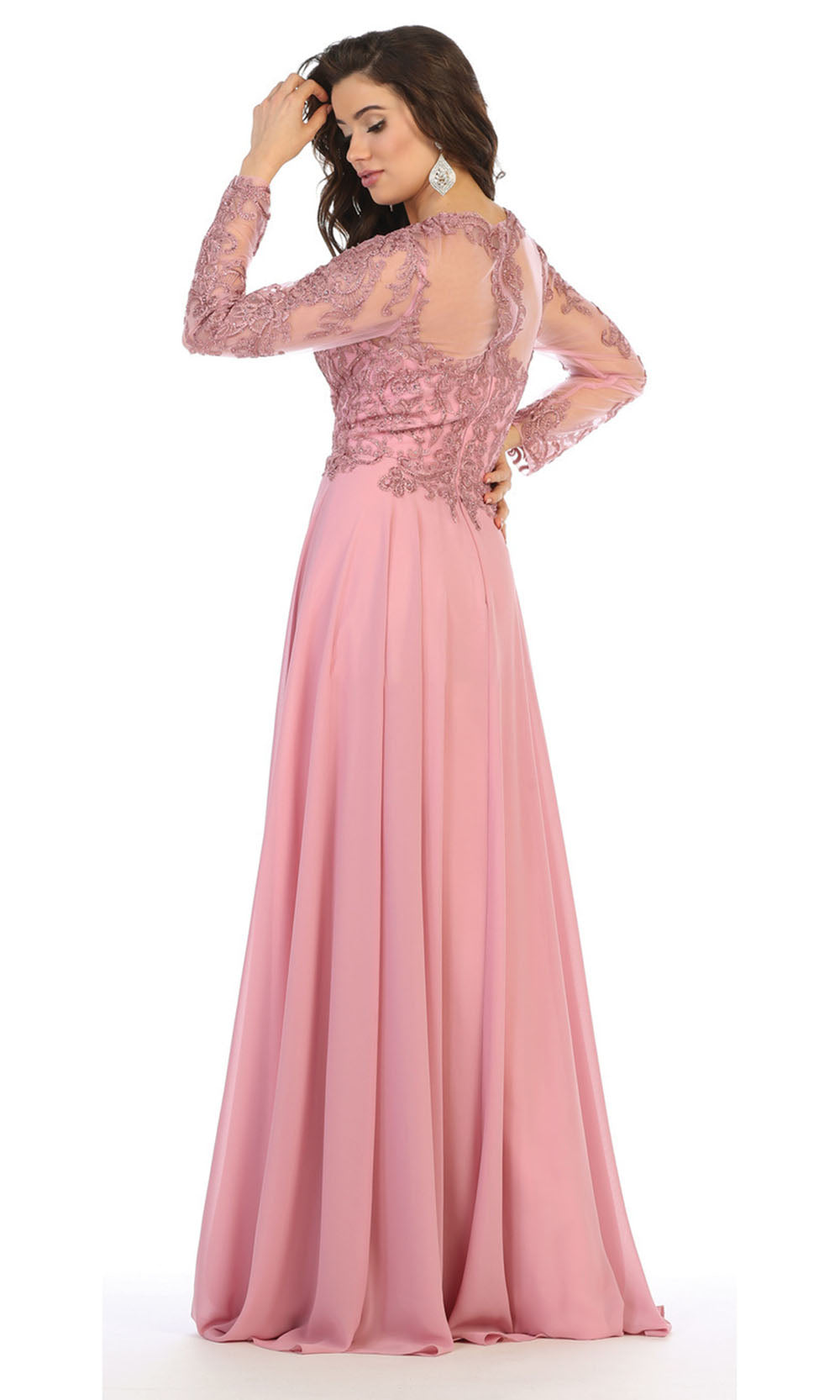 May Queen - RQ7732 Embroidered Chiffon Long Gown In Pink