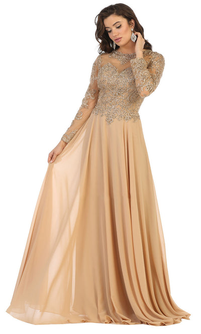 May Queen - RQ7732 Embroidered Chiffon Long Gown In Gold