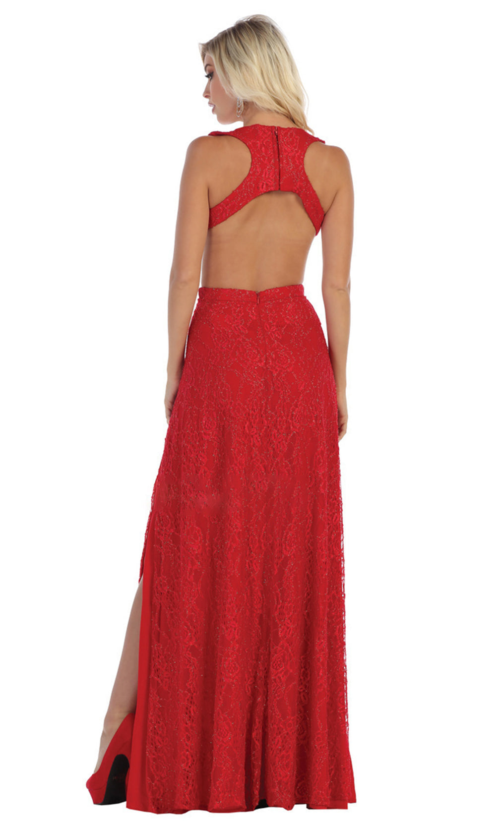 May Queen - RQ7736 Sleek And Sexy Double Slit Dress In Red