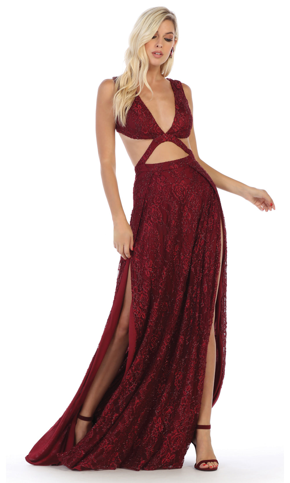 May Queen - RQ7736 Sleek And Sexy Double Slit Dress In Red and Black