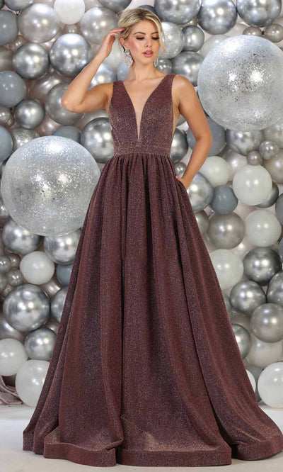 May Queen - RQ7753 Glitter Deep V Neck Evening Gown In Mauve