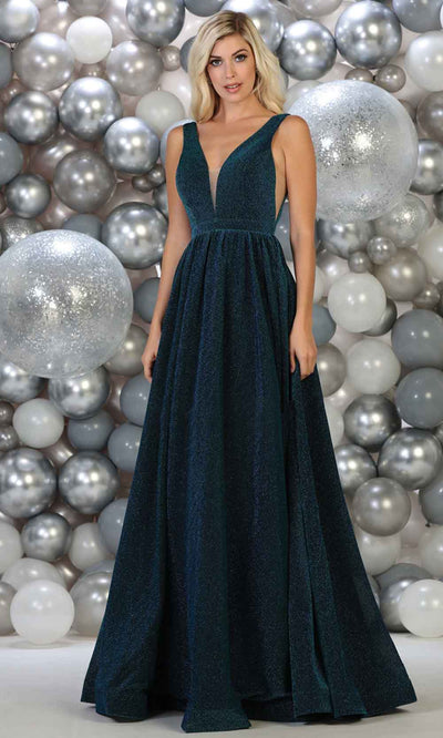 May Queen - RQ7753 Glitter Deep V Neck Evening Gown In Blue