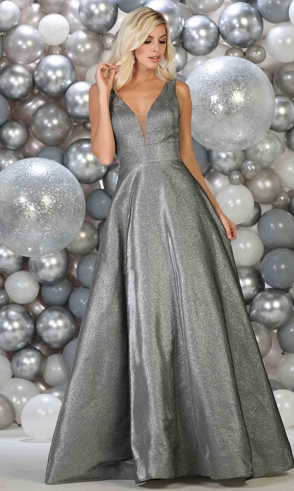 May Queen - RQ7755 Deep V Neck A-Line Gown In Silver