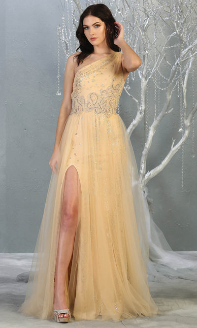 May Queen - RQ7809 Sequined Asymmetrical Evening Gown In Champagne