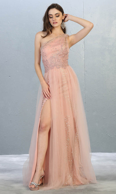 May Queen - RQ7809 Sequined Asymmetrical Evening Gown In Pink