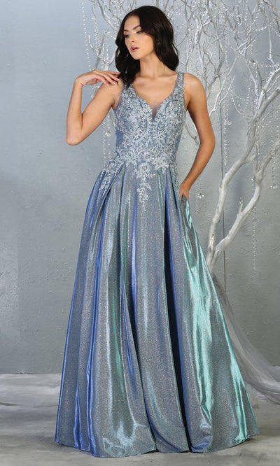 May Queen - RQ7818 V Neck Metallic A-Line Gown In Blue