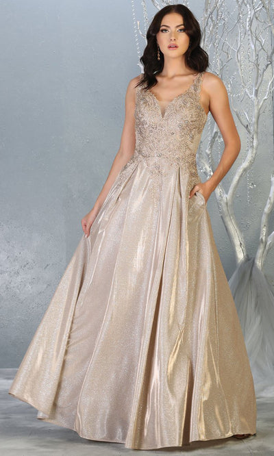 May Queen - RQ7818 V Neck Metallic A-Line Gown In Gold
