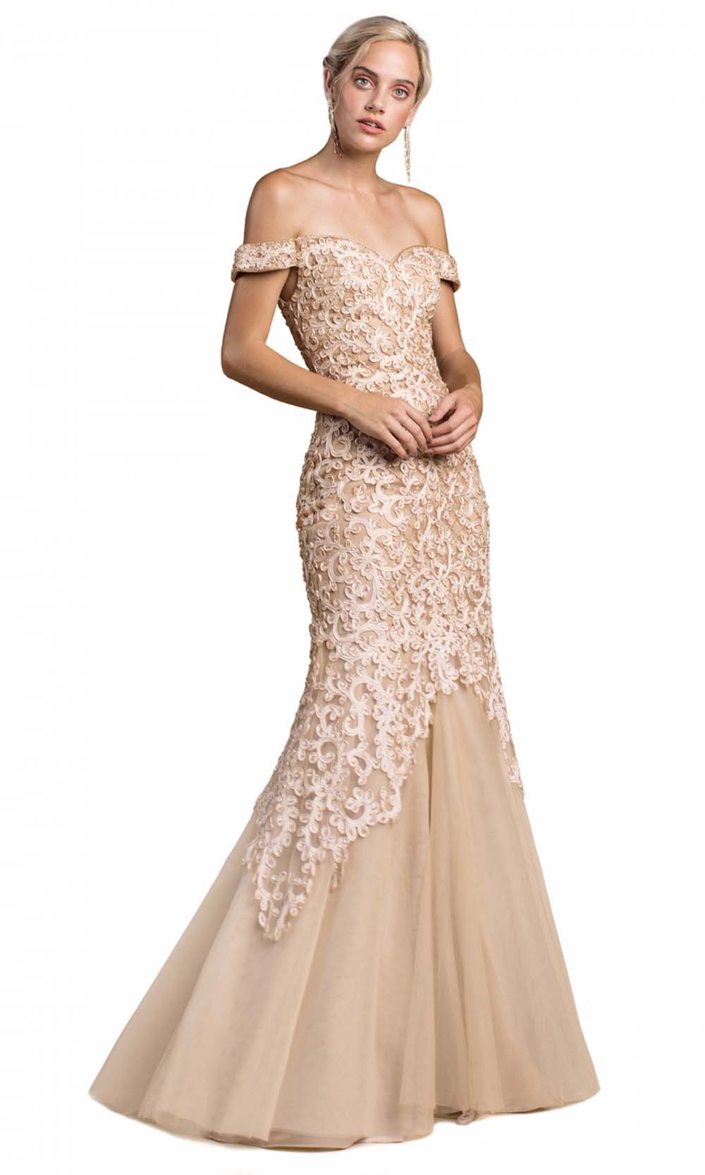 Cinderella Divine - A0401 Lace Overlay Mermaid Gown In Champagne & Gold