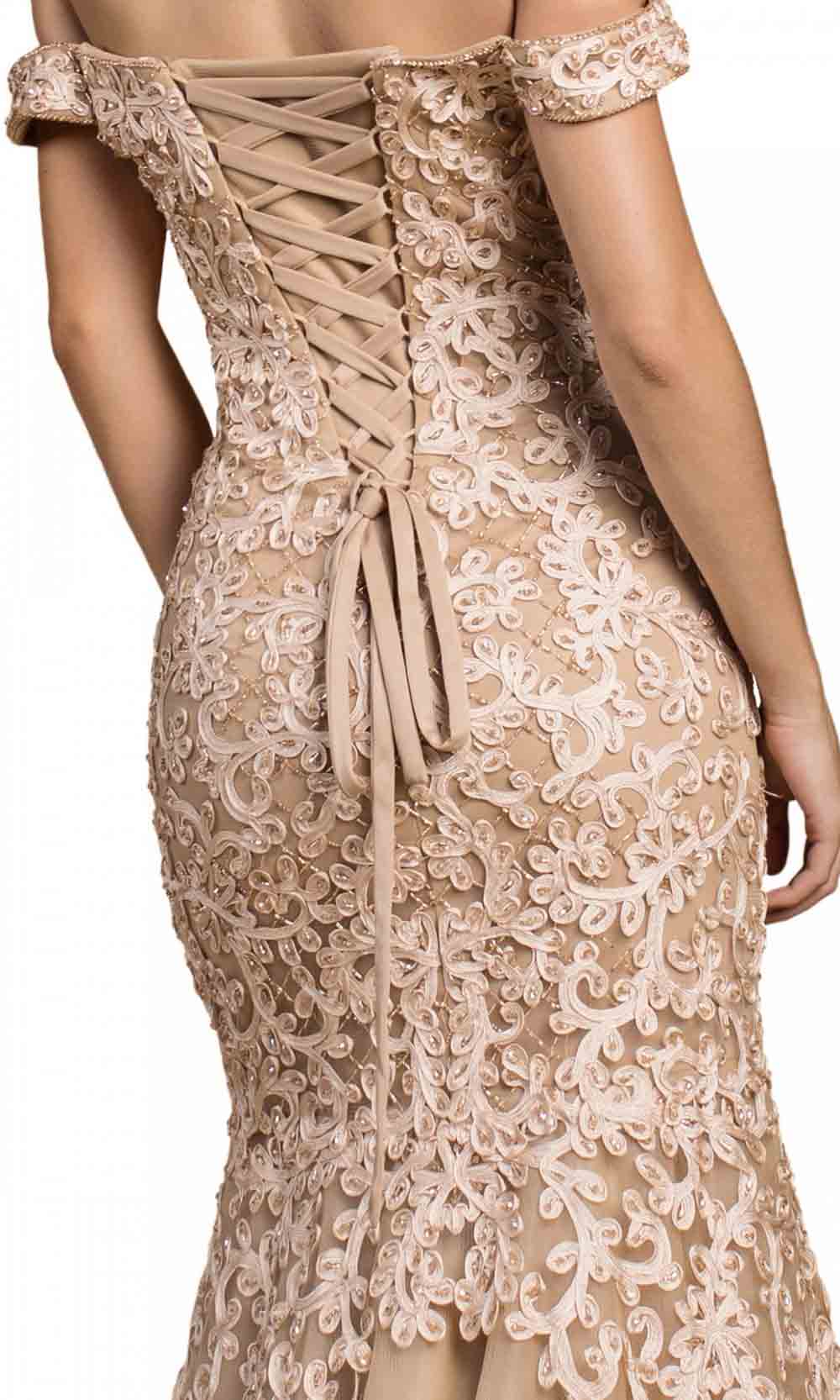 Ladivine - A0401 Lace Overlay Mermaid Gown In Champagne & Gold