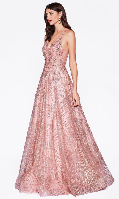 Cinderella Divine - AM258 V Neck Glitter A-Line Gown In Pink