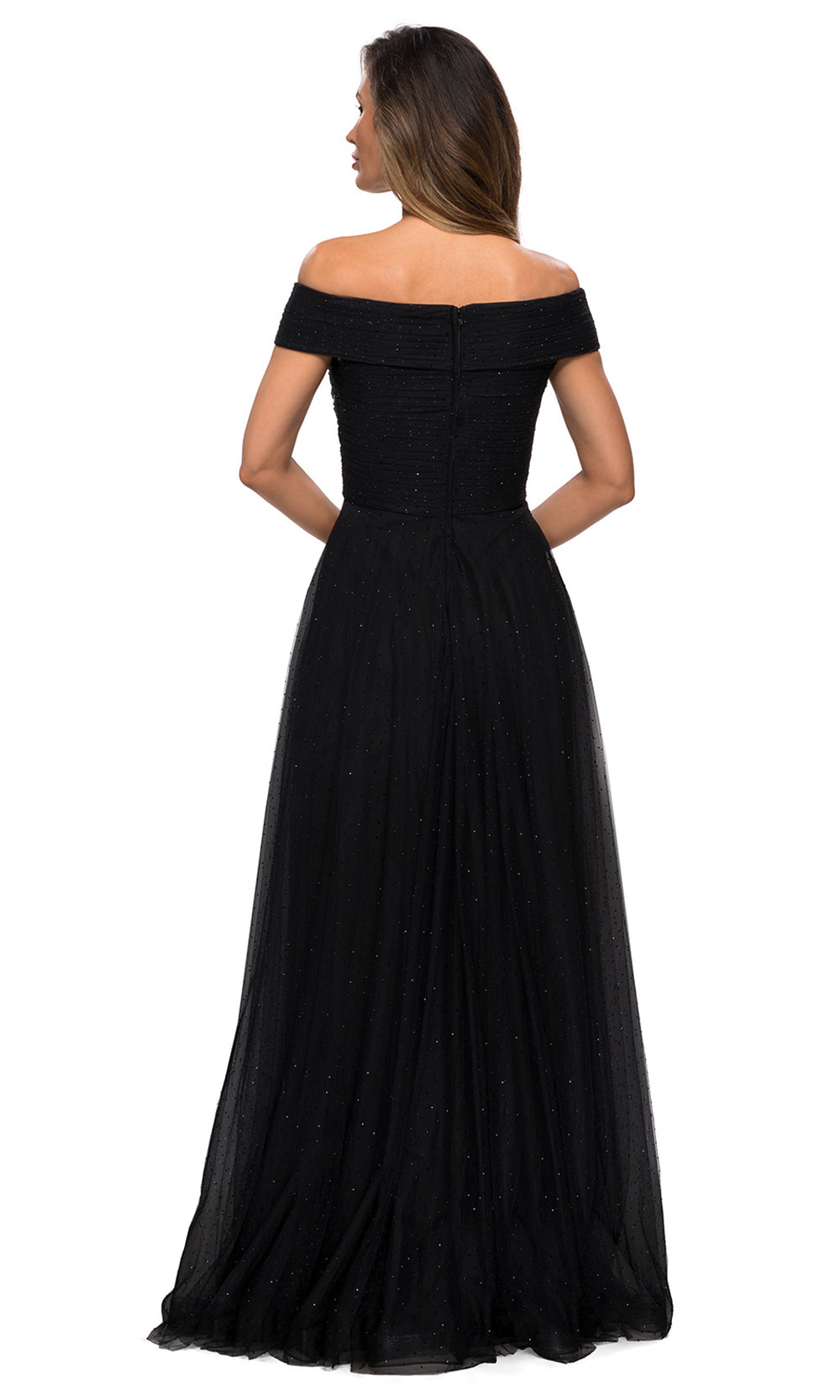 La Femme - 28051 Rhinestone Beaded Off Shoulder A-Line Evening Dress In Black