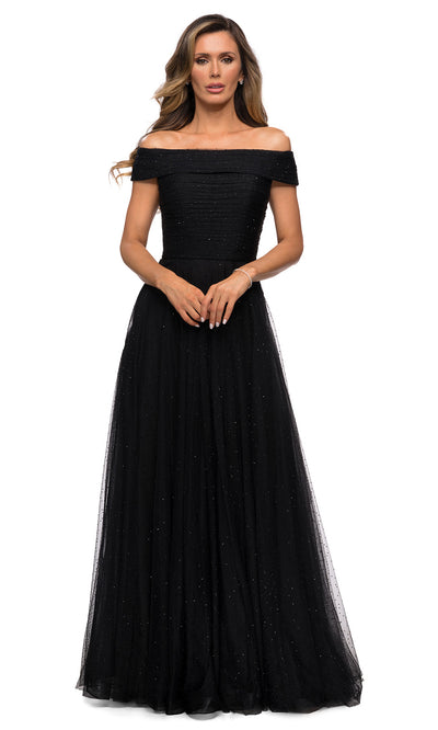 La Femme - 28051 Rhinestone Beaded Off Shoulder A-Line Evening Dress In Black