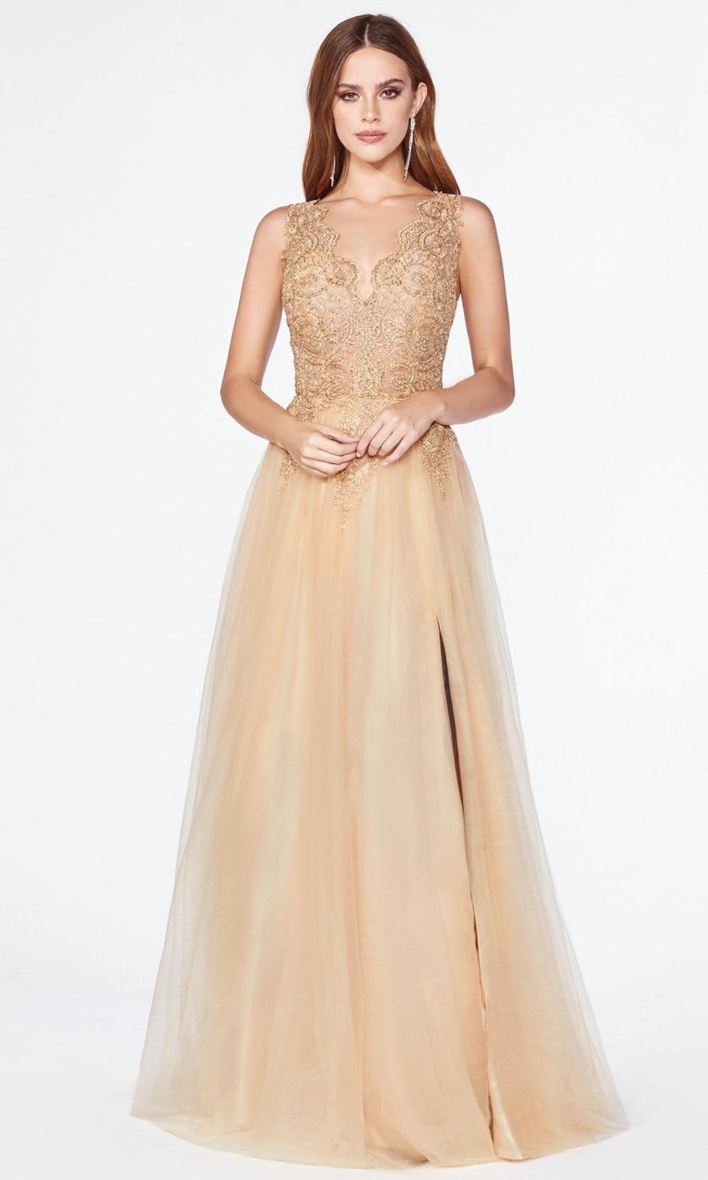 Cinderella Divine - CE0020 Embroidered Tulle A-Line Gown In Gold