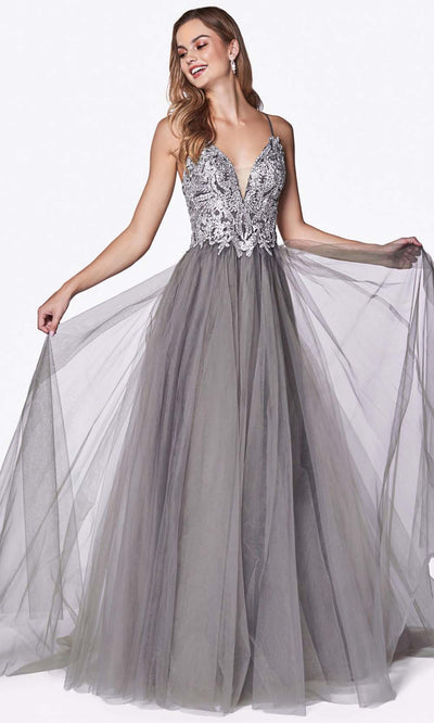 Cinderella Divine - CD0128 Adorned A-Line Tulle Gown In Gray