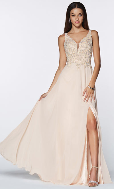 Cinderella Divine - CD0133 Adorned Chiffon Long Gown In Neutral