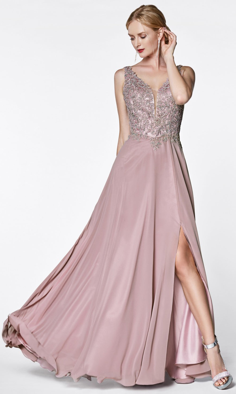 Cinderella Divine - CD0133 Adorned Chiffon Long Gown In Purple and Gray